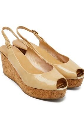 Jimmy Choo Patent Cork Wedge Slingback Peep-Toe Sandals